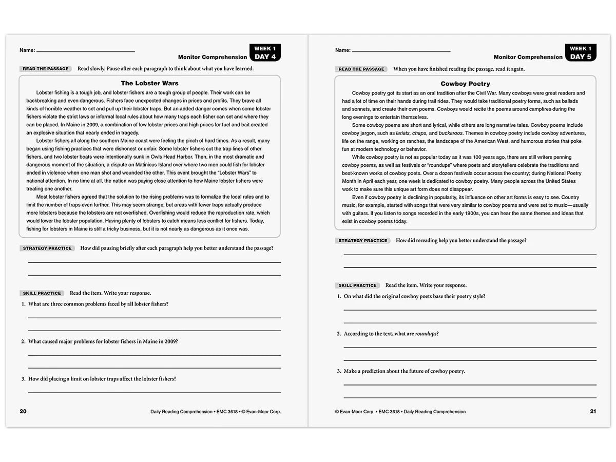 Daily Reading Comprehension Activities Workbook - Gr. 8 - US 3148