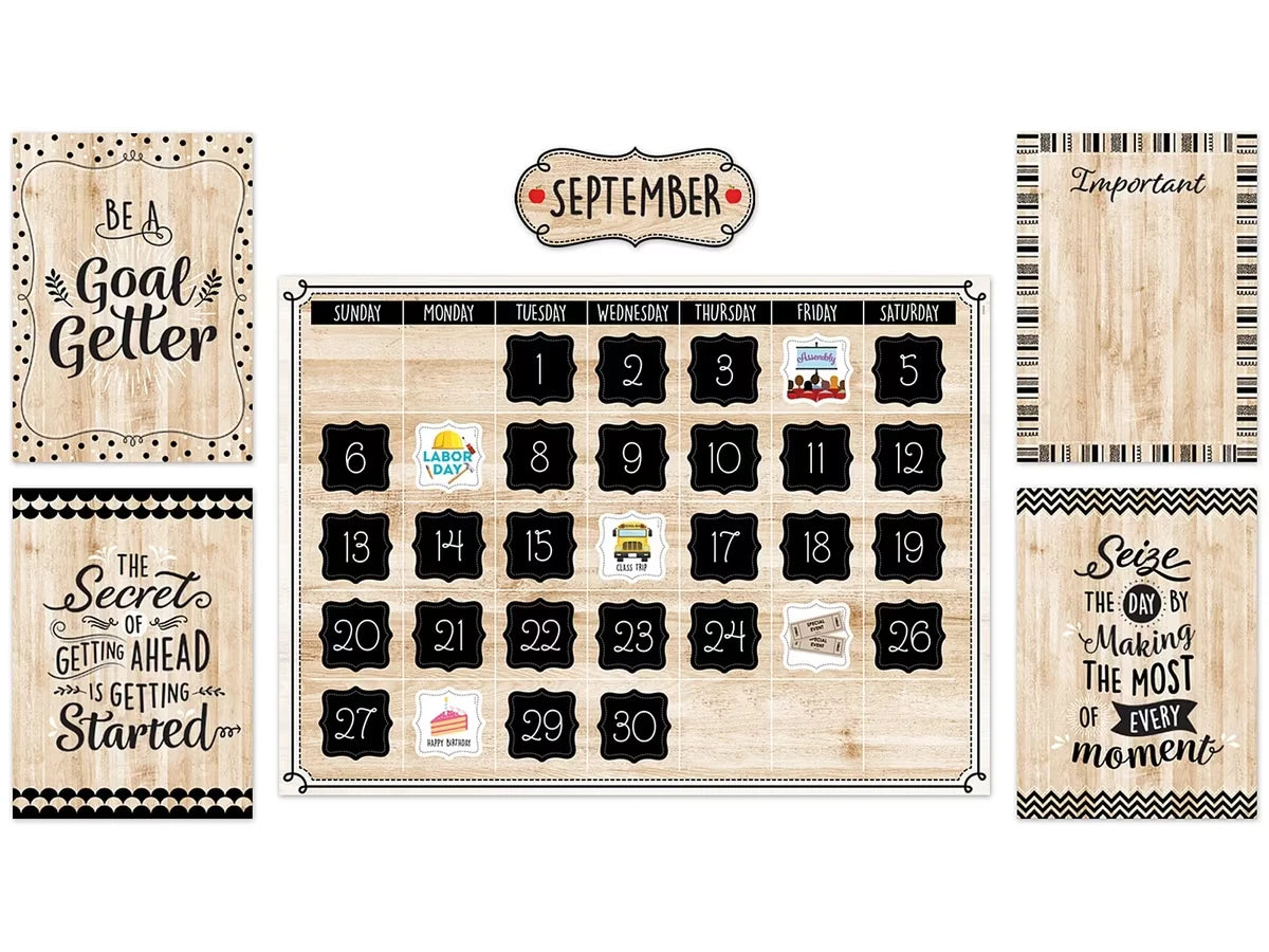 Black, White & Wood Calendar Bulletin Board Set - US 2345