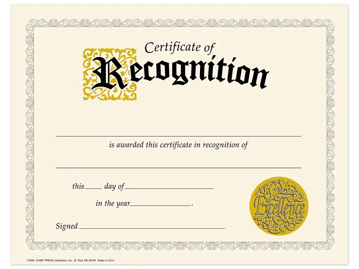 Certificate of Recognition Awards - US 3645